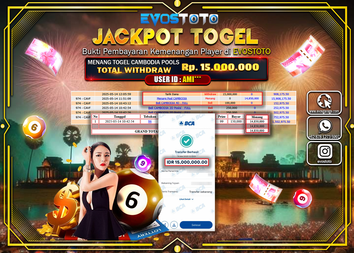 PEMBAYARAN JACKPOT TOGEL CAMBODIA POOLS Rp.15.000.000 DI BAYAR LANGSUNG !