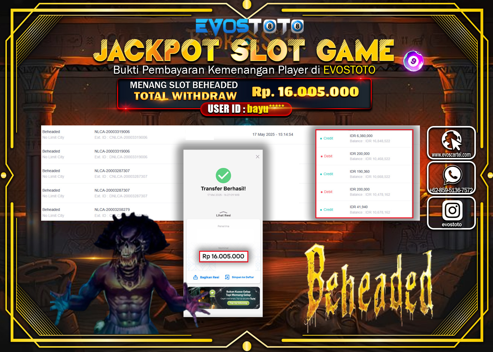 PEMBAYARAN JACKPOT SLOT GAME BEHEADED Rp.16.005.000 DI BAYAR LANGSUNG !