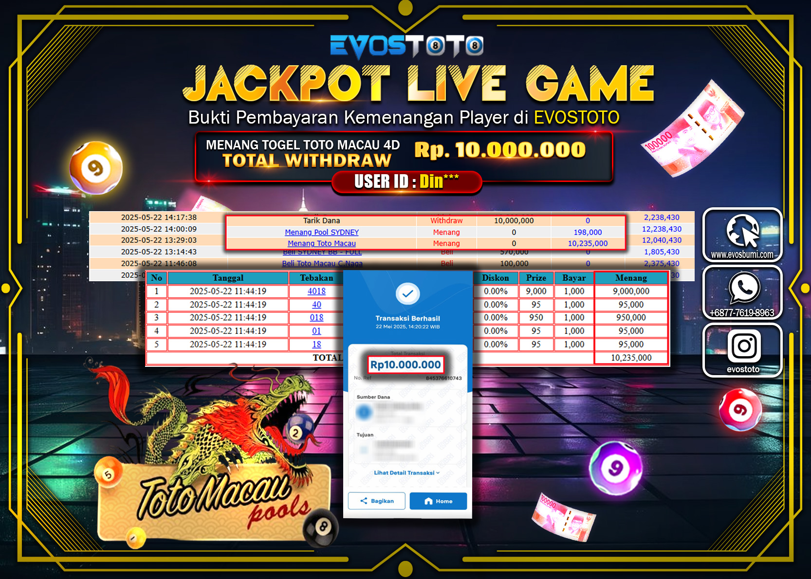 PEMBAYARAN JACKPOT TOGEL TOTO MACAU 4D Rp10.000.000 DI BAYAR LANGSUNG !