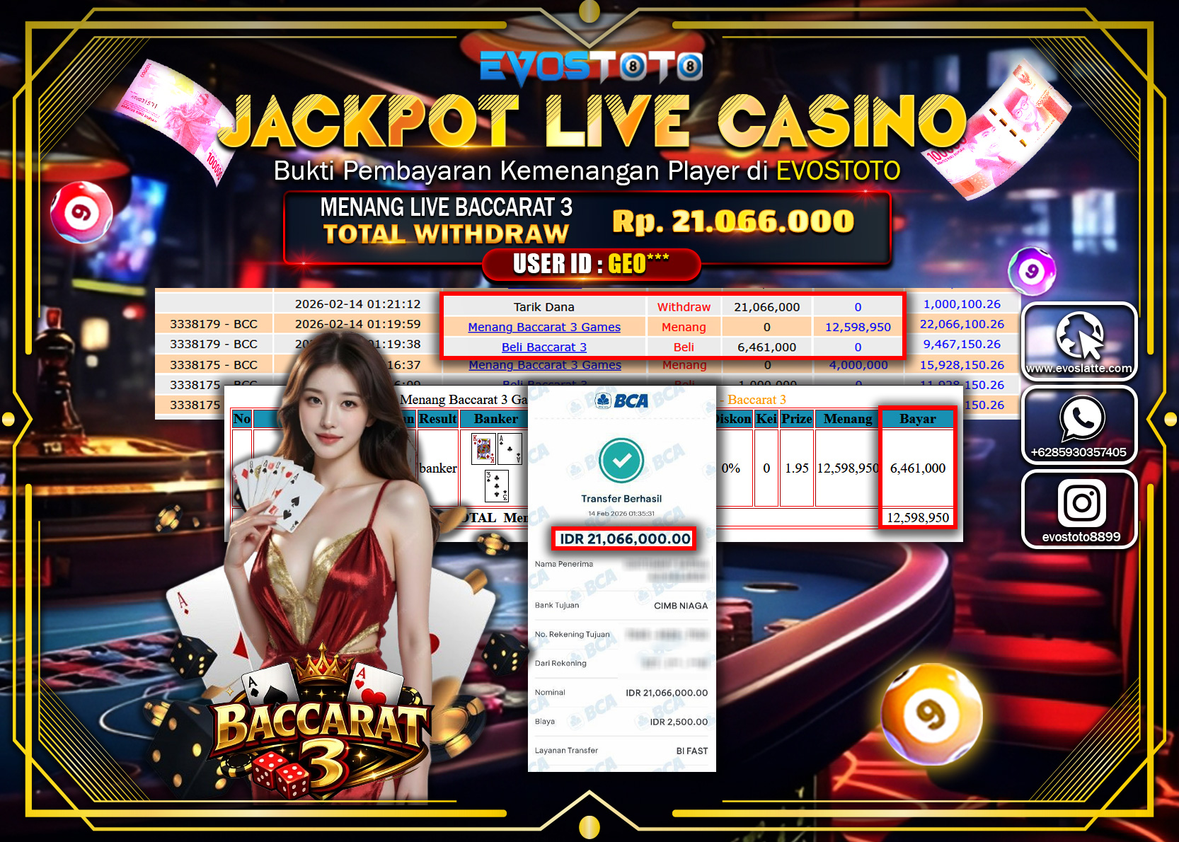PEMBAYARAN JACKPOT LIVE CASINO BACCARAT 3 Rp.21.066.000 DI BAYAR LANGSUNG !