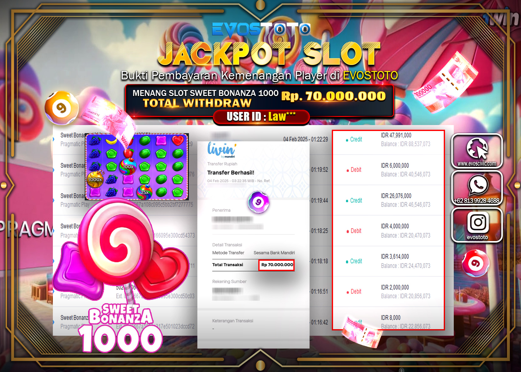 PEMBAYARAN JACKPOT SLOT SWEET BONANZA 1000 Rp.70.000.000 DI BAYAR LANGSUNG !
