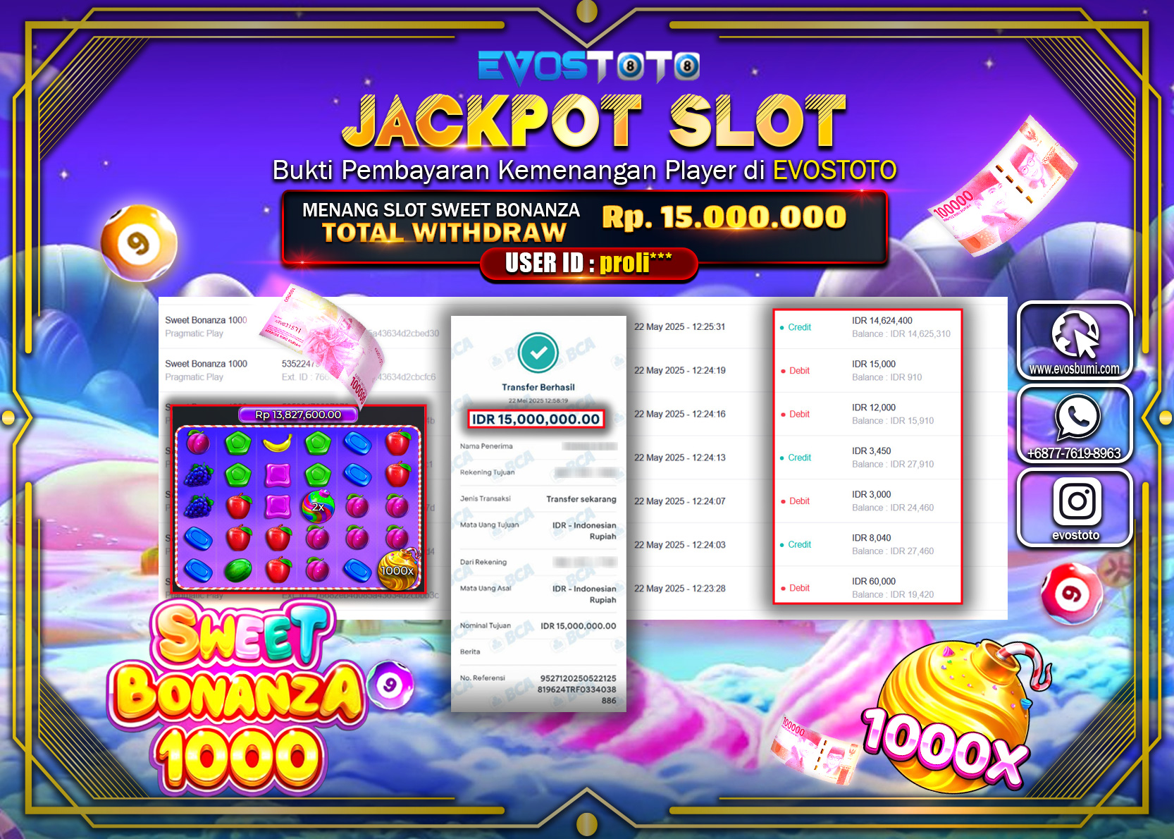 PEMBAYARAN JACKPOT SLOT SWEET BONANZA 1000 Rp15.000.000 DI BAYAR LANGSUNG