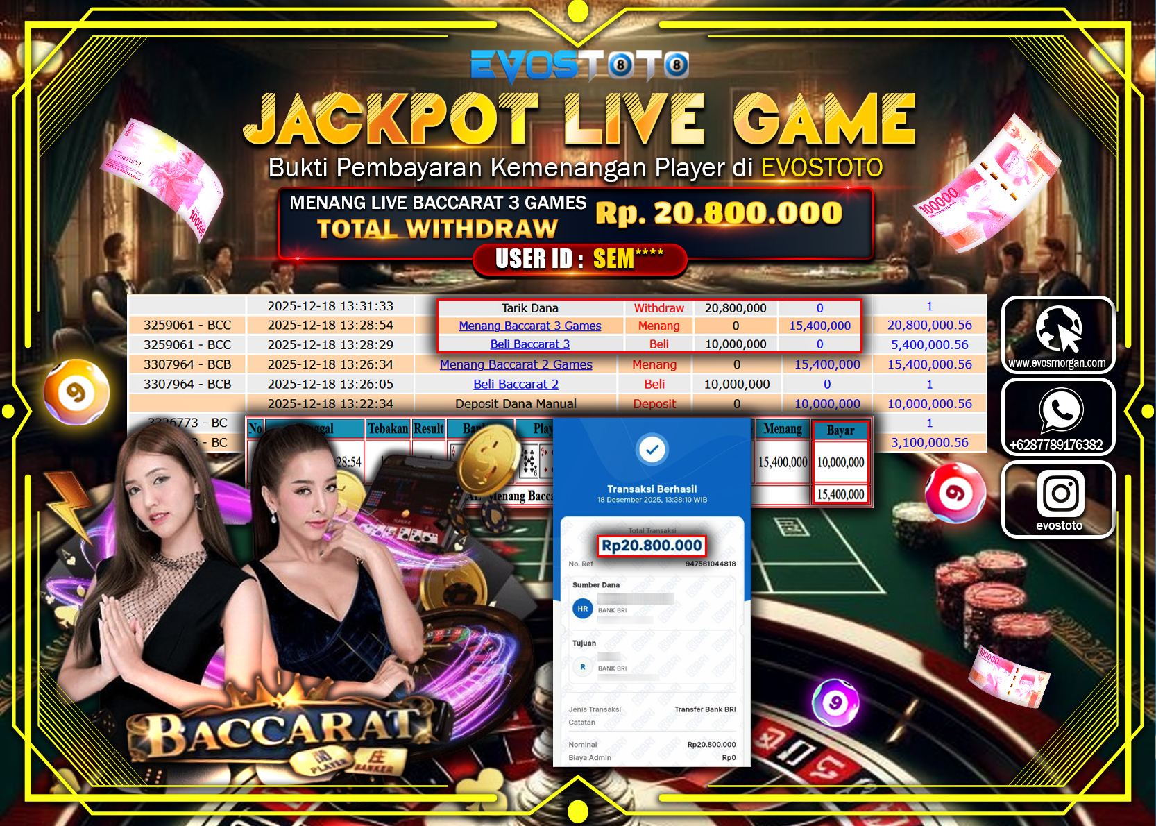 PEMBAYARAN JACKPOT LIVE GAME BACCARAT 3 GAMES Rp.20.800.000 DI BAYAR LANGSUNG !